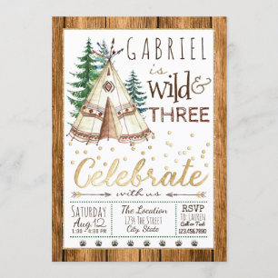 Invitación Niños Wild y Tres Tribal TeePee Tercer Cumpleaños