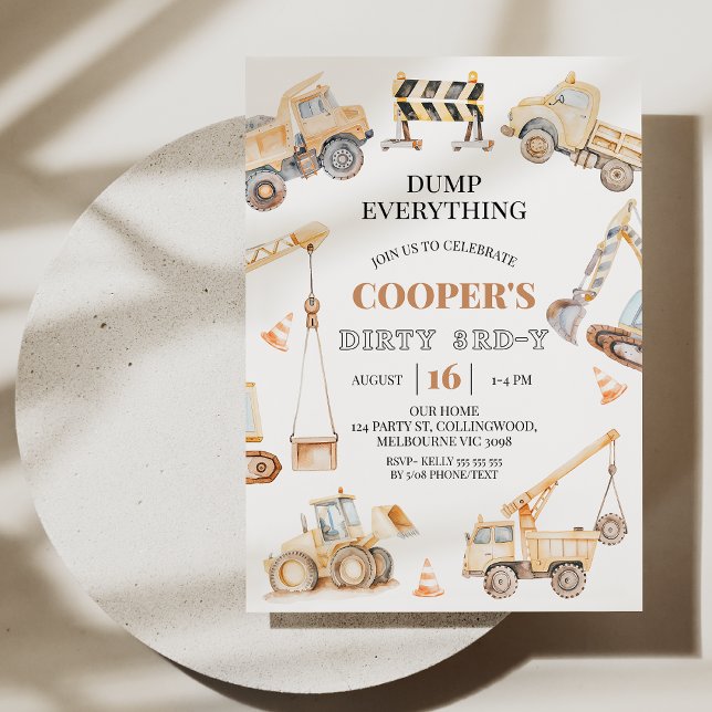 Invitación Niños Yellow Construction Dirty 3rd-y 3er cumpleañ (Dirty 3rd-y Birthday Invitation, Construction 3rd Birthday Invitation Template, Boys 3rd Birthday )