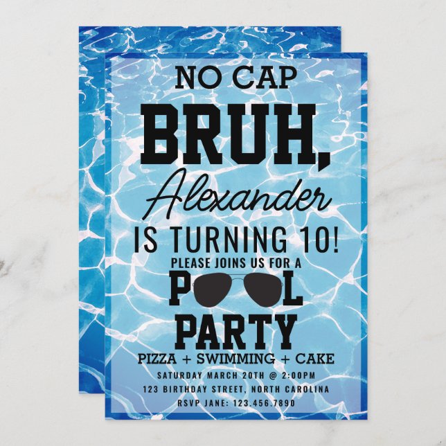 Invitación No Cap Bruh Boy Teenager Birthday Pizza Pool Party (Anverso / Reverso)