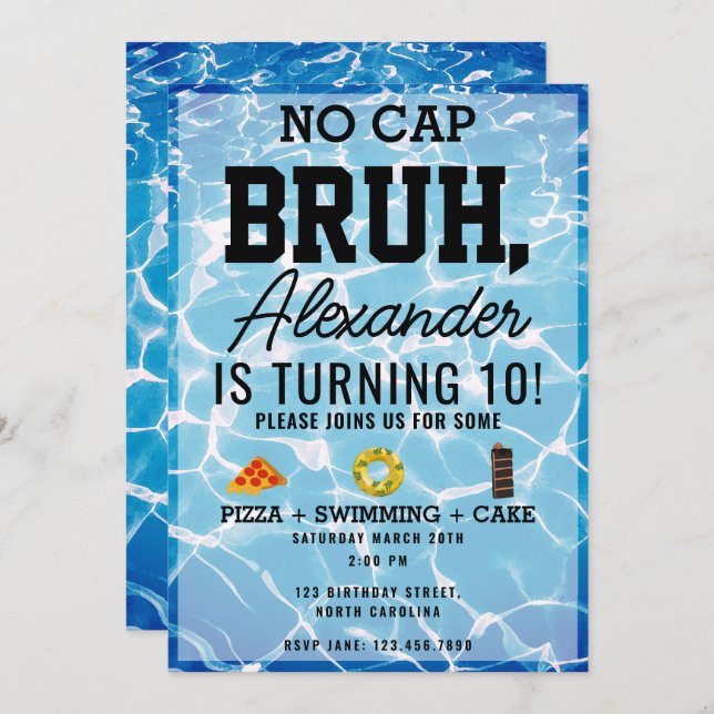 Invitación No Cap Bruh, niño adolescente Pizza de cumpleaños (Anverso / Reverso)