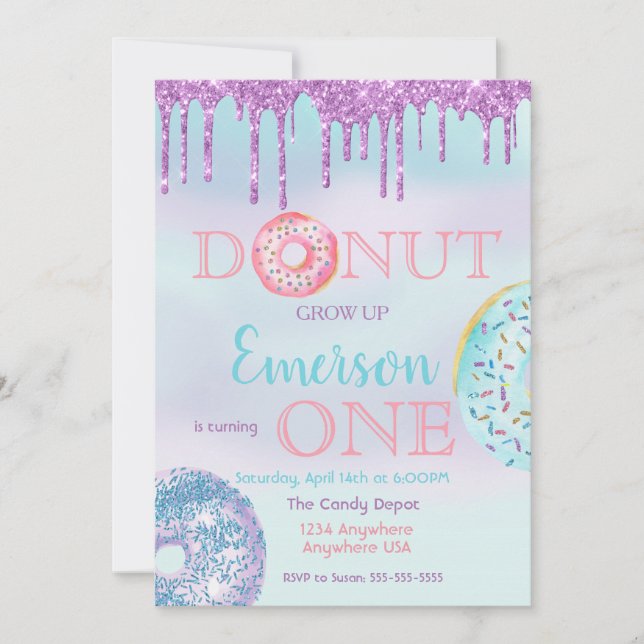 Invitación No, crezca. Donut Birthday Party (Anverso)