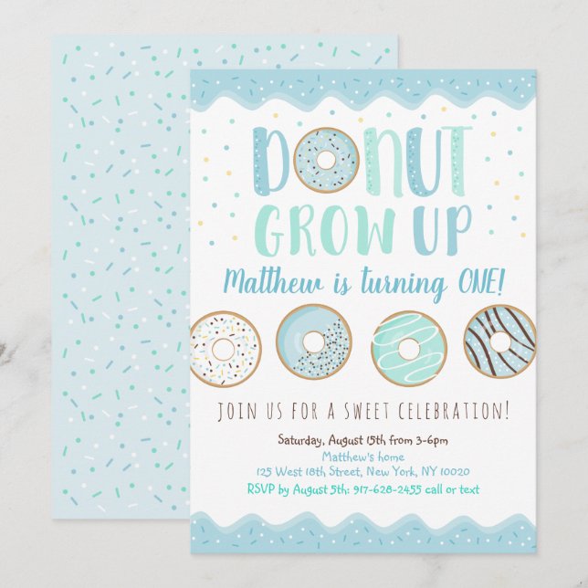 Invitación No crezca el cumpleaños del donut azul (Anverso / Reverso)