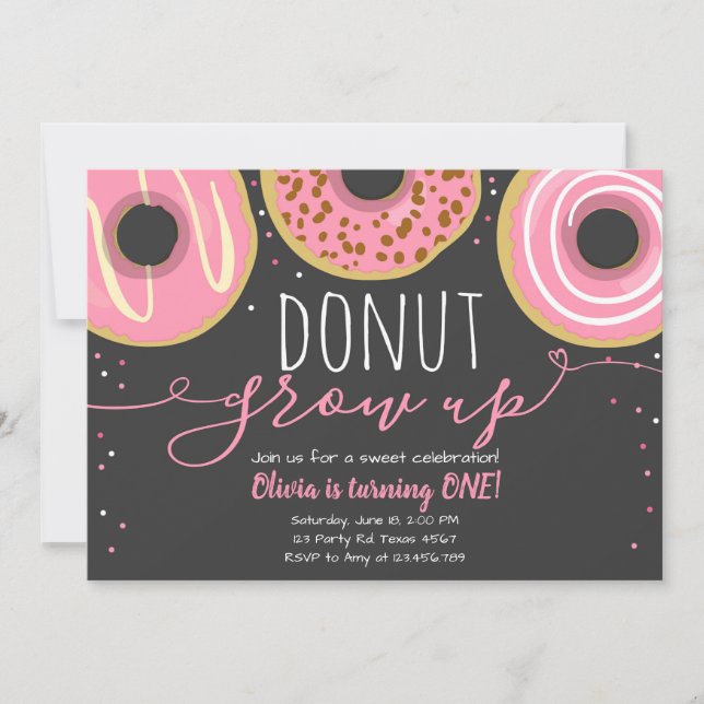 Invitación No crezca fiesta Chica Rosa Doughnut Cumpleaños (Anverso)