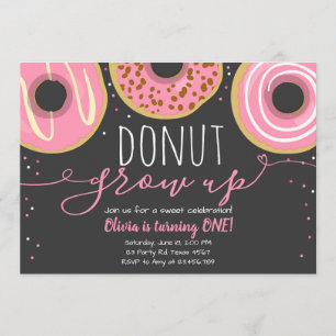 Invitación No crezca fiesta Chica Rosa Doughnut Cumpleaños