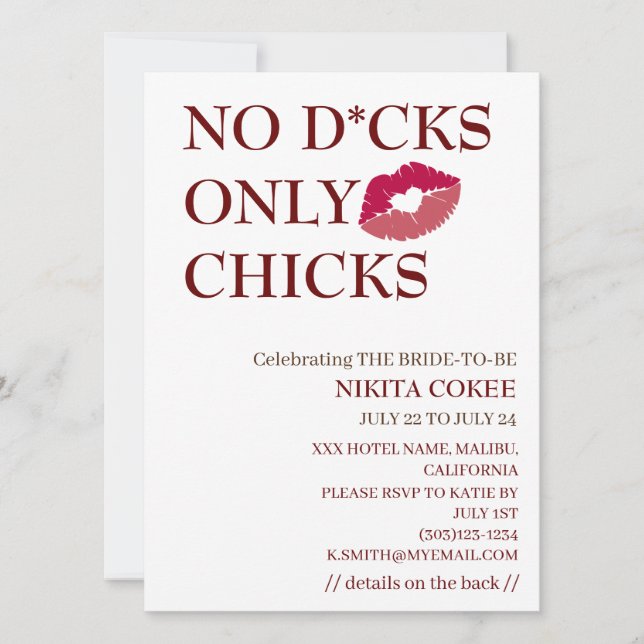 Invitación No D*cks Only Chicks Weekend de Despedida de Solte (Anverso)