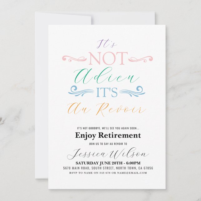 Invitación No es Adieu, es Fiesta de Jubilación Au Revoir (Anverso)