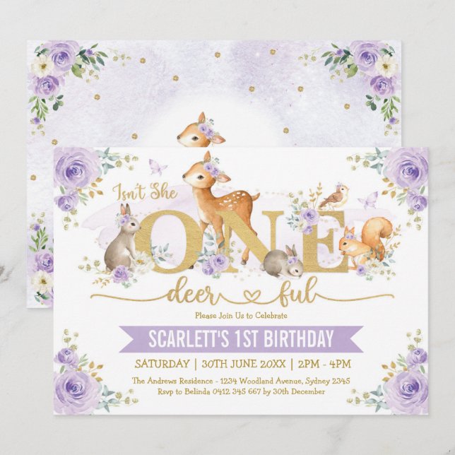 Invitación ¿No es ella el primer cumpleaños de Lilac Woodland (Anverso / Reverso)