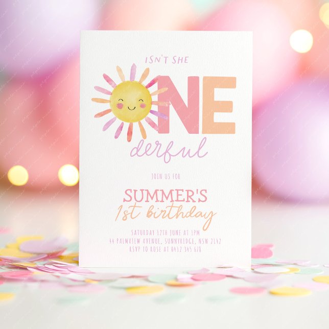 Invitación No Es Ella Onederful Chica Sol Cumpleaños Brillant (Isn't she Onederful! Girl's sun 1st birthday in bright pink, orange and purple. )