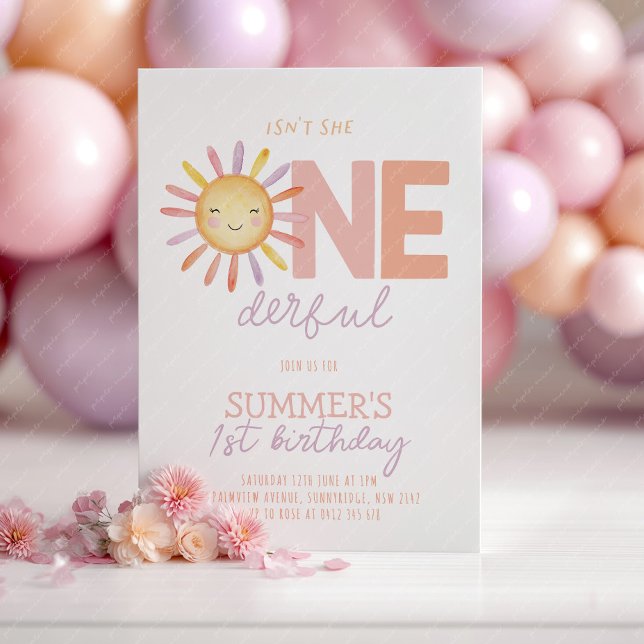 Invitación No Es Ella Onederful Cumpleaños Sol 1 (Isn't she Onederful! Girl's sun 1st birthday invitation. )