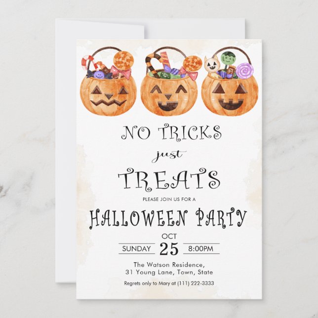 Invitación No hay trucos para tratar la fiesta de Halloween (Anverso)