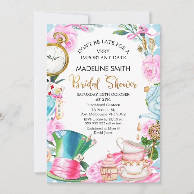 Invitación No llegues tarde a Alice en la ducha de novias en  (Anverso)