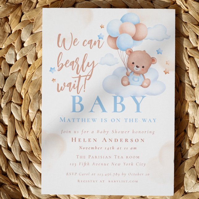 Invitación No podemos esperar al bebé del osito de peluche Ba (We can Bearly Wait Teddy Bear Boy Baby Shower Invitation)