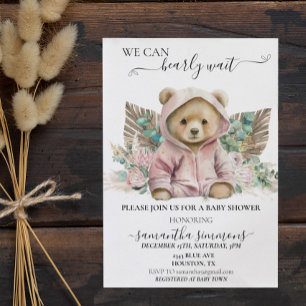 Invitación No Podemos Esperar el Baby Shower Oso Rosa Boho