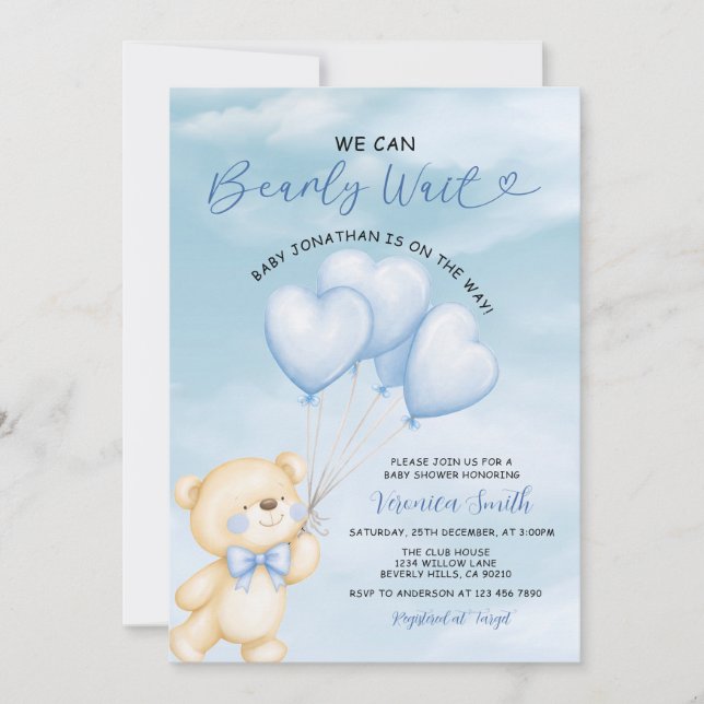 Invitación No podemos esperar Fiesta de globos azules para el (Anverso)
