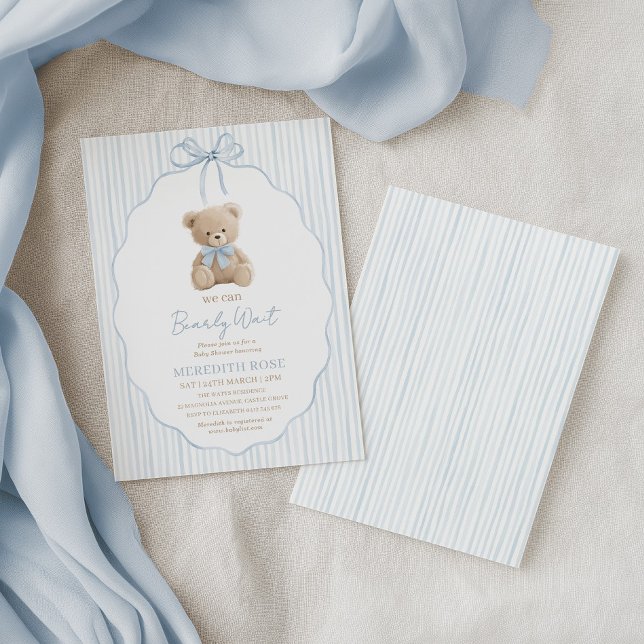 Invitación No Podemos Esperar Más Fiesta de Bebé Niño Rayas A (We Can Bearly Wait! Baby Shower invitation with cute bear and blue stripes)