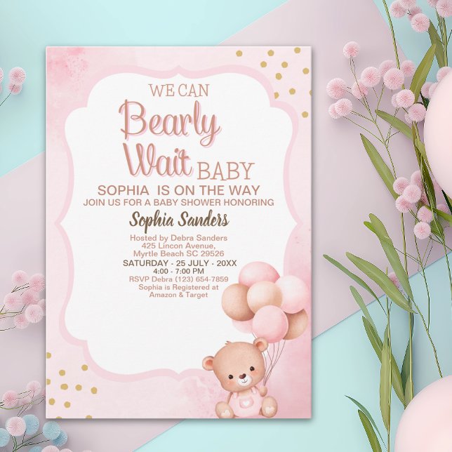 Invitación No podemos esperar mas Lindo oso Rosa Baby shower (Subido por el creador)