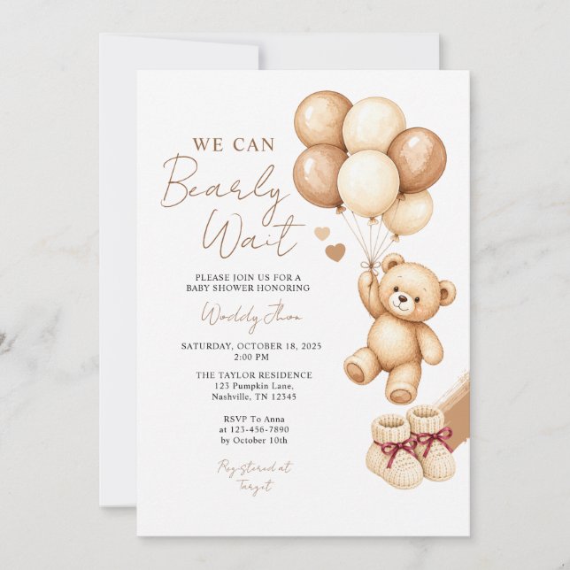 Invitación No Podemos Esperar Más Oso Con Ducha De Bebé Globo (Anverso)