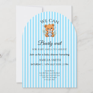 Invitación No Podemos Esperar Más Oso De Peluche Azul Rayado 