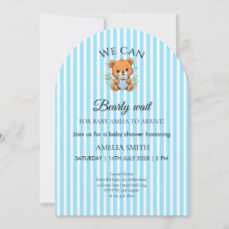 Invitación No Podemos Esperar Más Oso De Peluche Azul Rayado