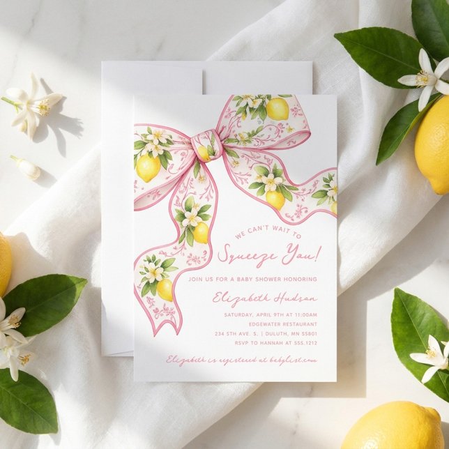 Invitación No podemos esperar para abrazarte, Lemon Bow Baby  (We Can't Wait to Squeeze You Lemon Bow Baby Shower Invitation)