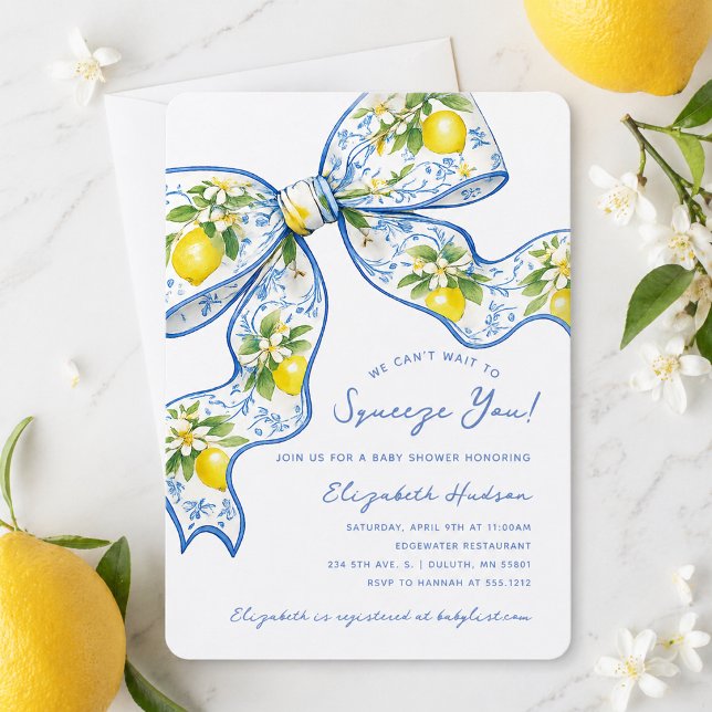 Invitación No podemos esperar para abrazarte Lemon Bow Baby S (We Can't Wait to Squeeze You Lemon Bow Baby Shower Invitation)