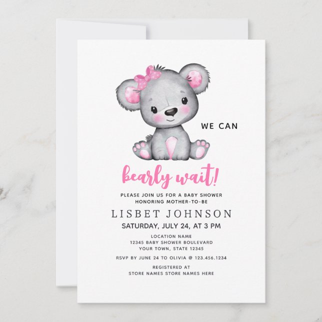 Invitación No Podemos Esperar Rosa Fiesta de Bebé de Oso de P (Anverso)