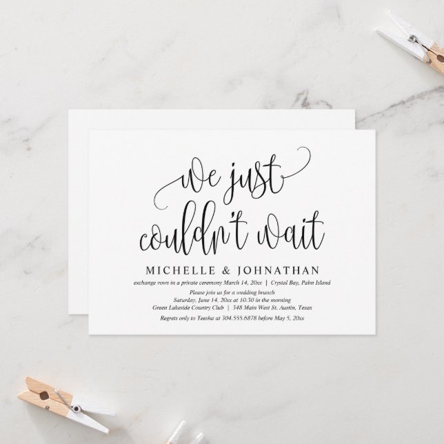 Invitación No pudimos esperar, Boda Elopement Fiesta (Anverso/Reverso In Situ)