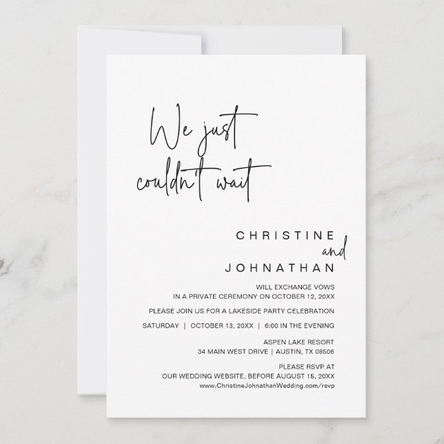 Invitación No pudimos esperar, Boda Elopement Fiesta (Anverso)