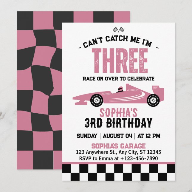 Invitación No Puedes Atraparme Cumpleaños 3 Autito de Carrera (Anverso / Reverso)