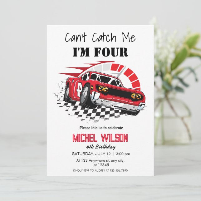 Invitación No puedo atraparme Soy Cuatro Carros de Carrera Ro (Anverso de pie)