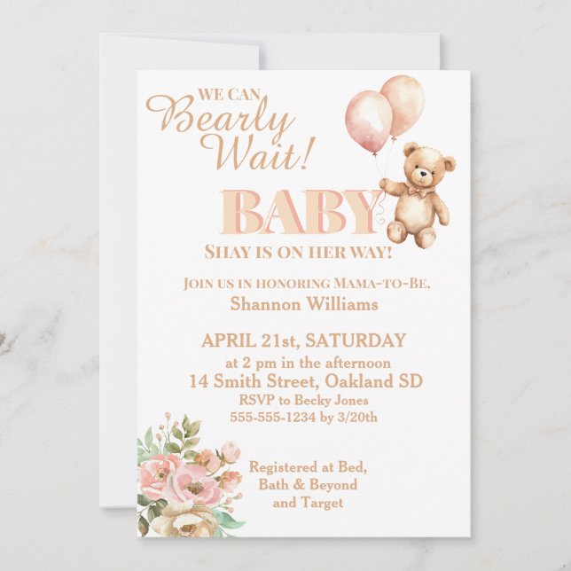 Invitación No Puedo Esperar-Oso de Peluche Dulce Niña y Globo (Anverso)