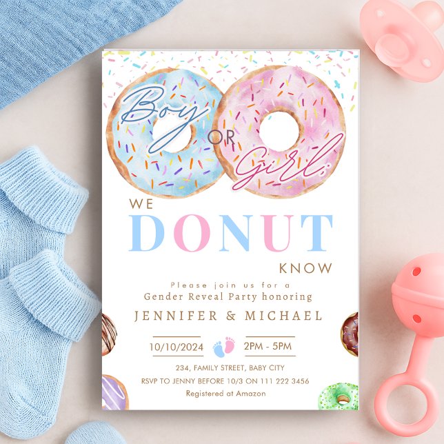 Invitación No sé sexo revelar Chica Fiesta rosa azul (Donut Know Gender Reveal Boy Girl Blue Pink Party Invitation)