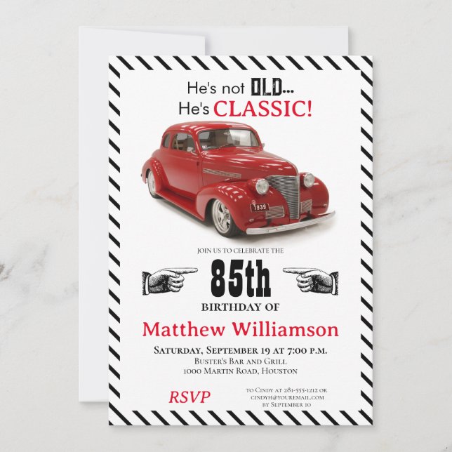 Invitación No viejo pero clásico 1939 Coupe 85º cumpleaños añ (Anverso)