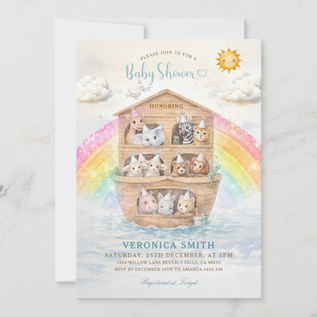 Invitación Noah’s Ark Baby Shower Invitation | Rainbow Baby  (Anverso)