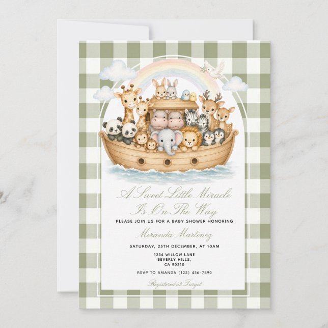 Invitación Noah’s Ark Baby Shower Sage Green (Anverso)