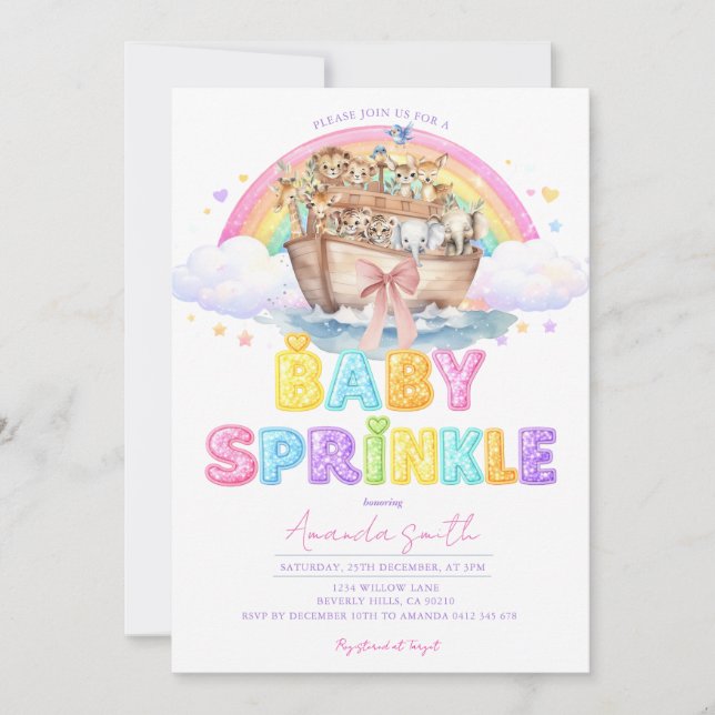 Invitación Noah’s Ark Baby Sprinkle Glitter Rainbow  (Anverso)