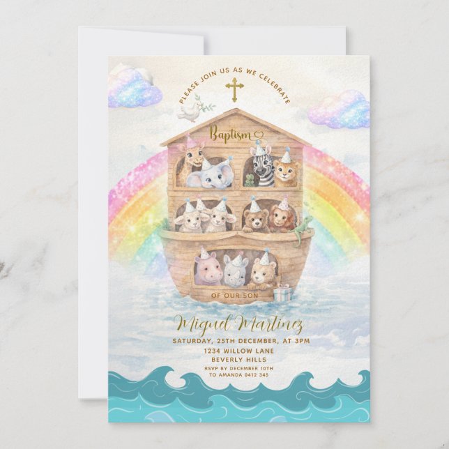 Invitación Noah’s Ark Baptism Invitation | Baby Animals (Anverso)