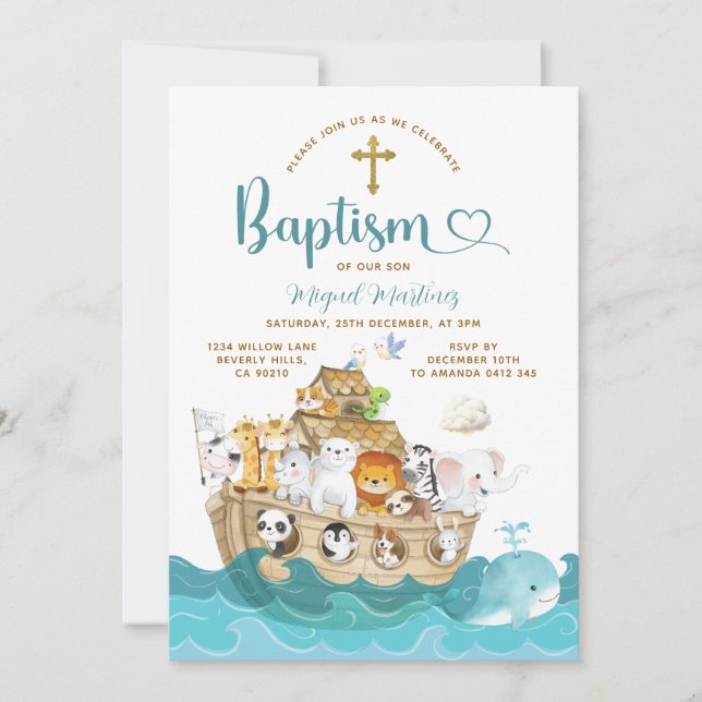 Invitación Noah's Ark Baptism Christening Adventure Cross (Anverso)