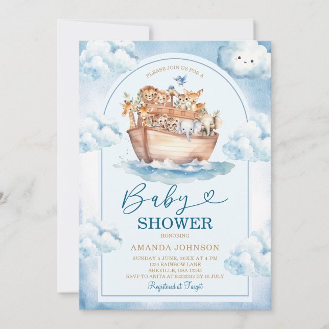 Invitación  Noah's Ark Blue Watercolor Baby Shower (Anverso)