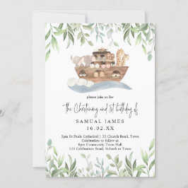 Invitación Noahs Ark Greenery Christening y 1er Cumpleaños