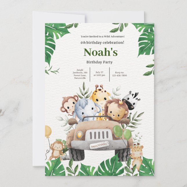 Invitación Noah's Wild Animal Adventure Birthday Bash (Anverso)