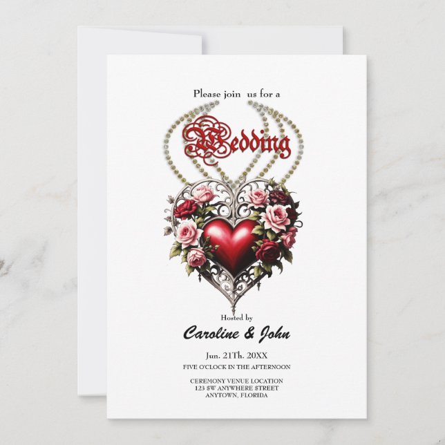 Invitación Noble corazón gótico con flores. (Anverso)
