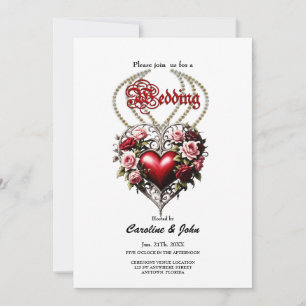 Invitación Noble corazón gótico con flores.