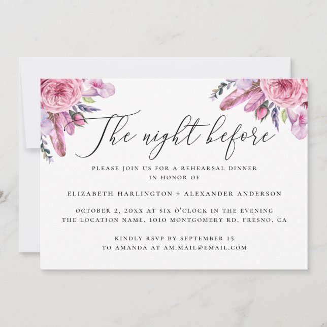 Invitación Noche anterior. Cena de ensayo floral de boho rosa (Anverso)