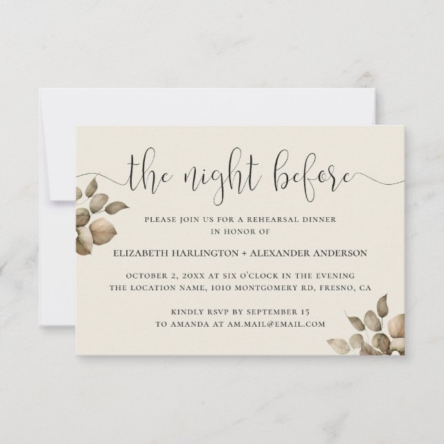 Invitación Noche anterior. Elegante cena floral suave de ensa (Anverso)