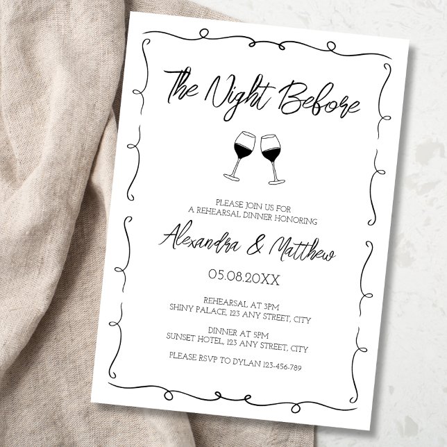 Invitación Noche antes de la capilla captada por la mano sens (the night before rehearsal dinner invitation hand lettered hand drawn scribbled elegant black white)