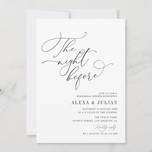 Invitación noche antes de la cena de ensayo con letras negras (Anverso)