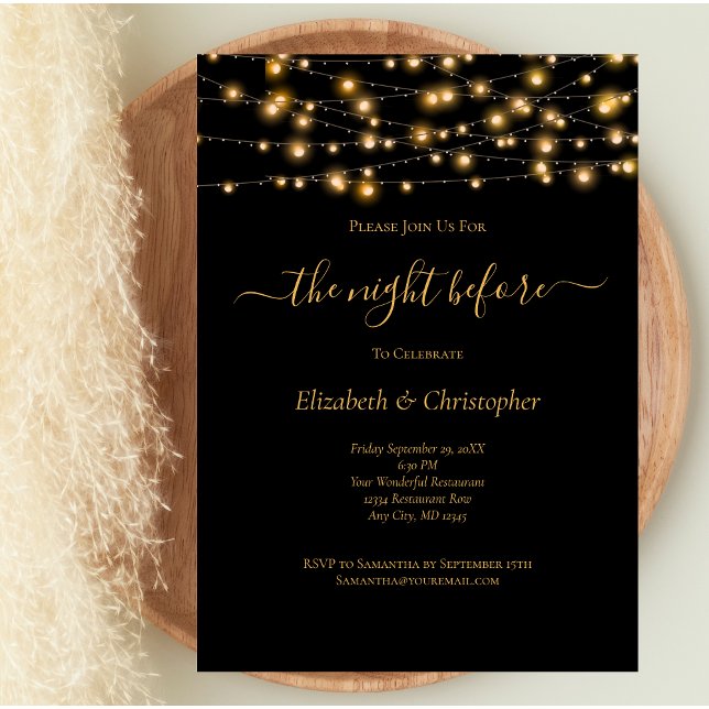 Invitación Noche antes del ensayo de las luces de oro negras (Black Gold Lights Wedding Rehearsal Dinner Invitation. Printed or Digital)