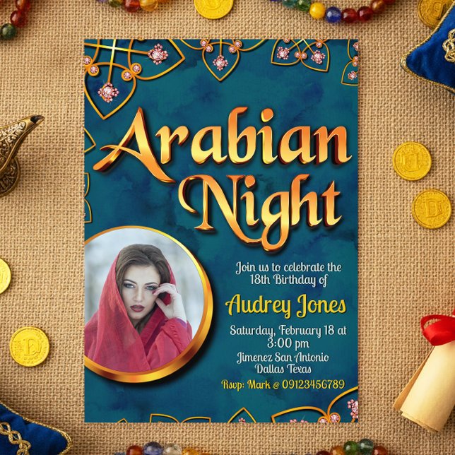 Invitación Noche árabe con foto turquesa (Arabian Night with Photo Turquoise Invitation)