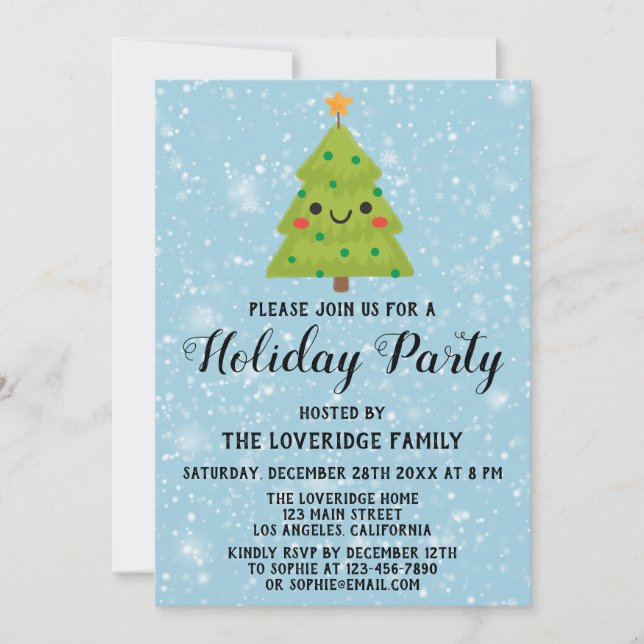 Invitación Noche azul de la fiesta de Navidad verde lindo (Anverso)